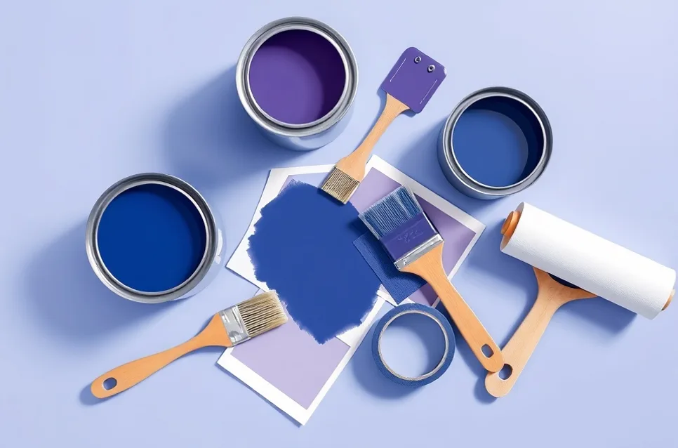 Pots de peinture, nuancier, brosses et rouleaux disposés à plat