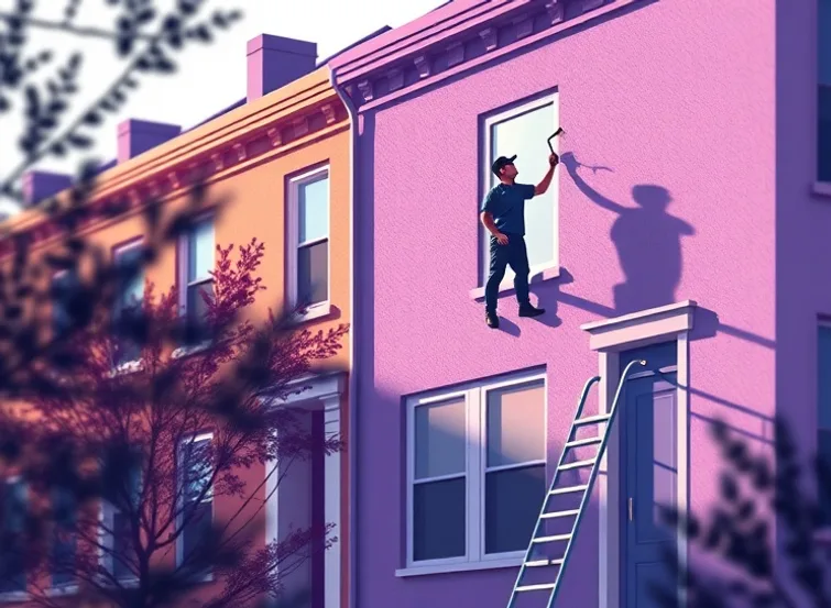 Peintre sur échafaudage traitant la façade d'une maison